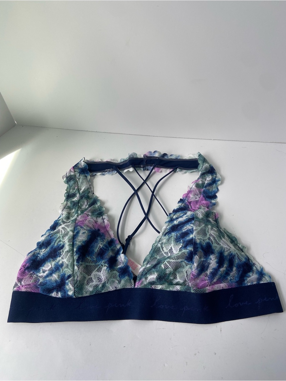 NWT Victoria Secret Love Pink Bralette Large Floral Lace Blur Purple Racerback